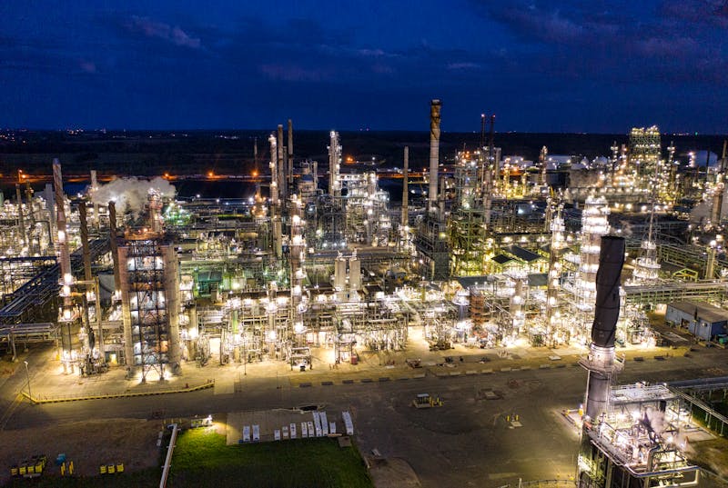 Oil refinery aerial night view